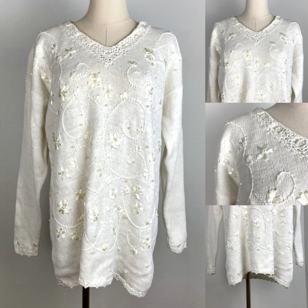 Vintage Ivory Sweater Pearls Lace Fairy‎ CottageCore Dainty Feminine Medium